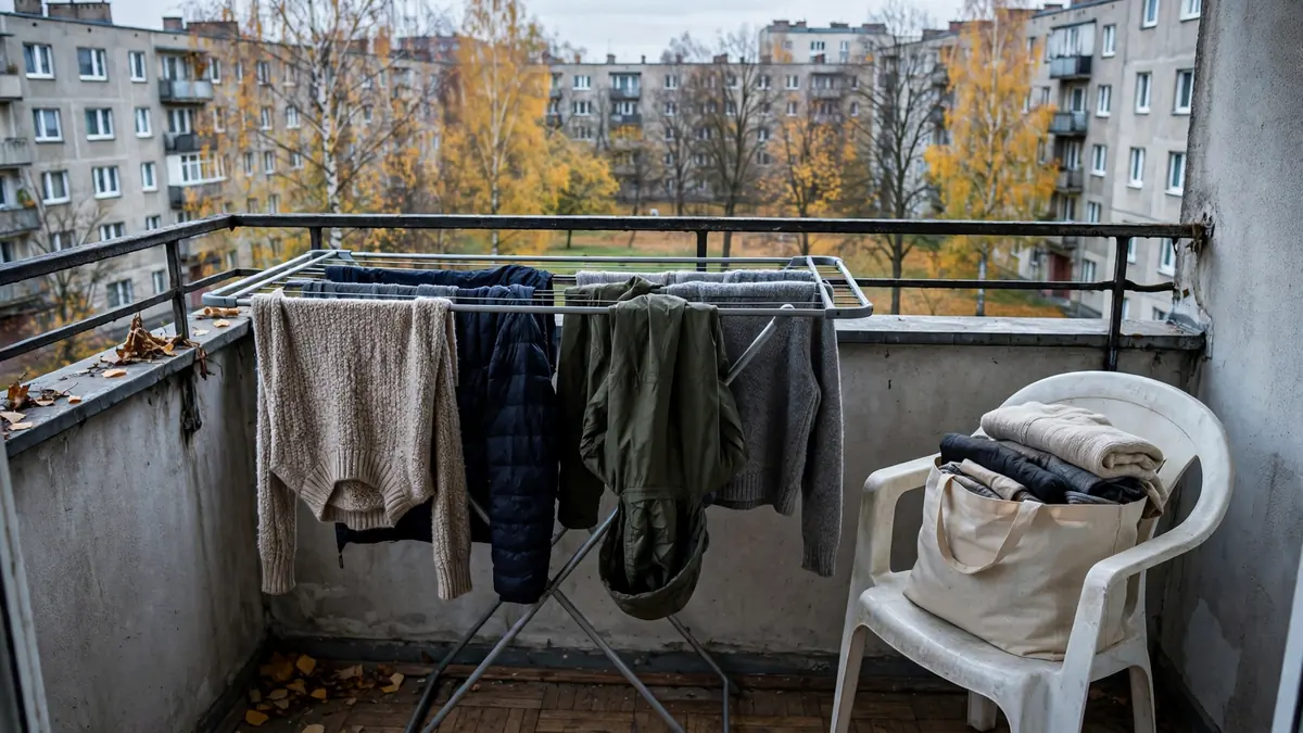 Wyprane swetry i kurtki na suszarce na balkonie, przygotowane do oddania