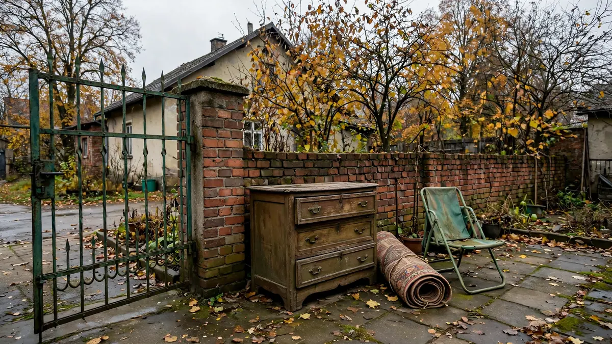 Stara komoda, dywan i fotel ogrodowy wystawione przy furtce domu na zbiórkę gabarytów