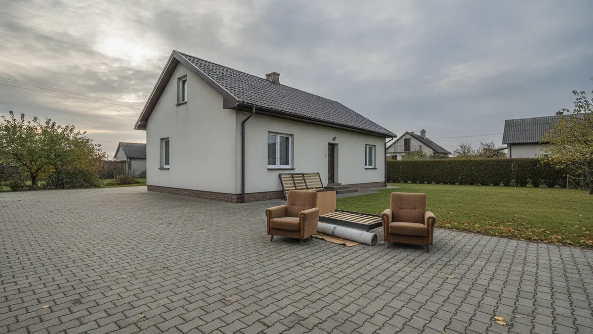 Dwa stare fotele, stelaż łóżka i rolka wykładziny na podjeździe przed domem jednorodzinnym