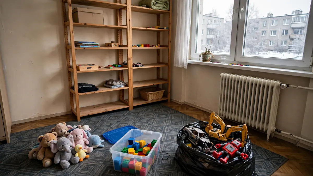 Zabawki rozdzielone na trzy kupki na dywanie w pokoju dziecięcym
