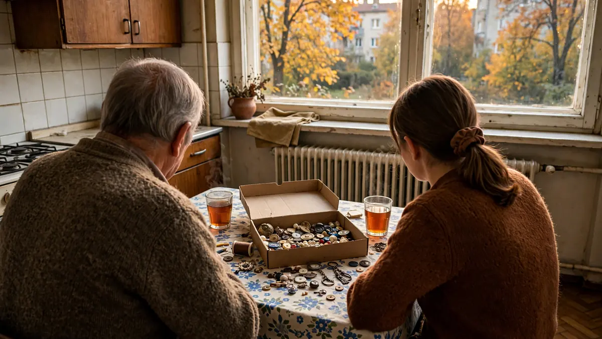 Ojciec i córka przeglądają przy kuchennym stole pudło z drobiazgami
