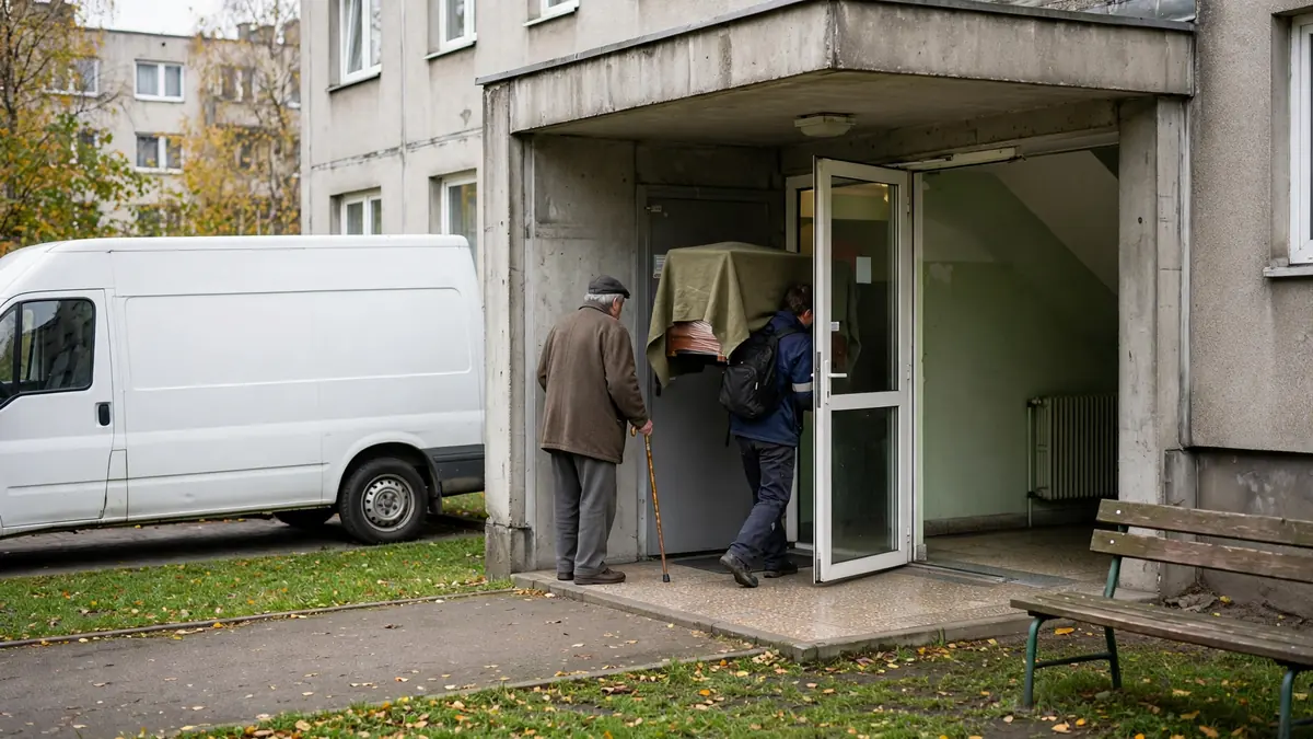 Starszy pan przytrzymuje drzwi, pracownik wnosi komodę do bloku