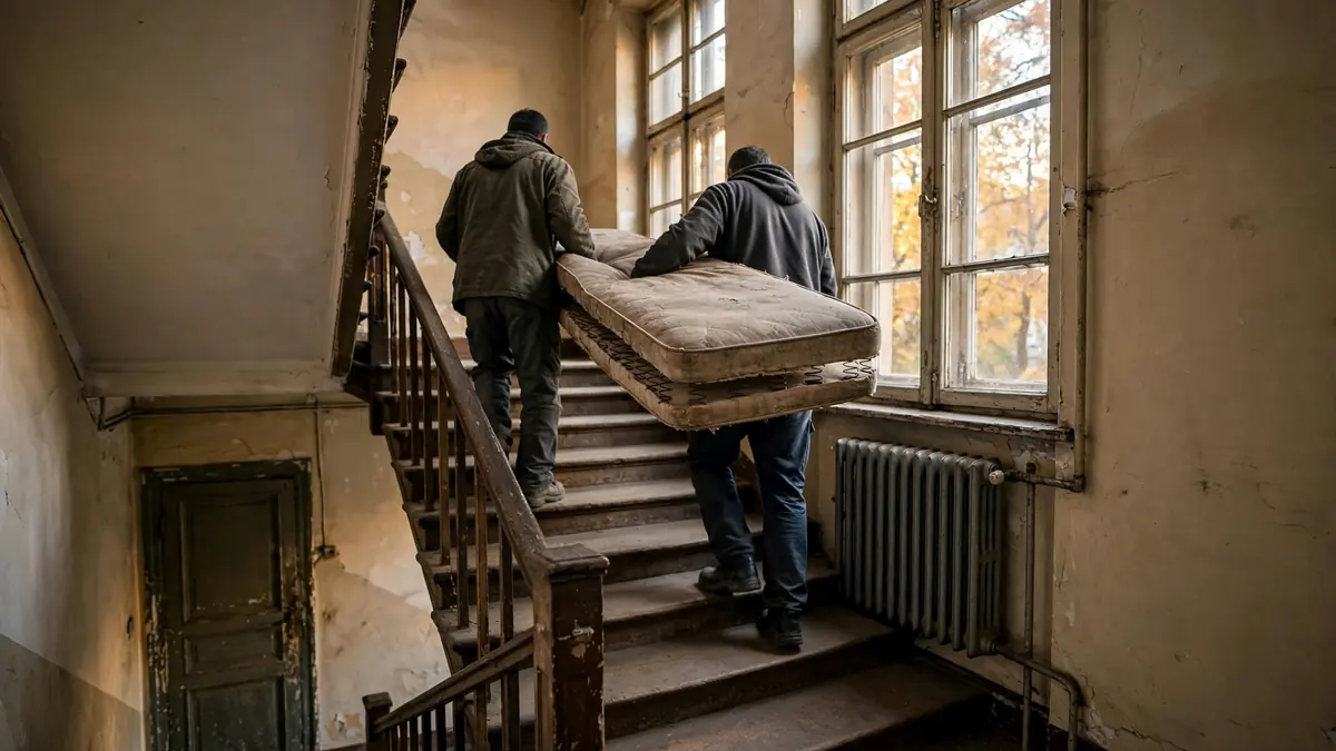 Dwóch pracowników znosi stary materac po schodach kamienicy
