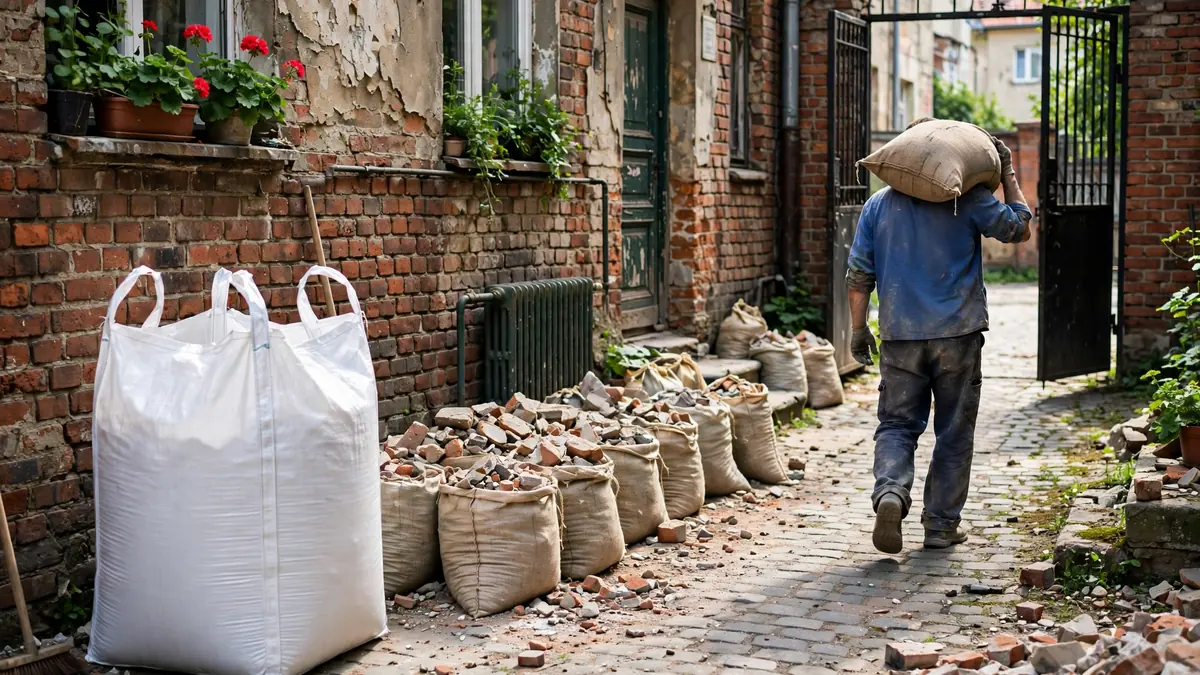 Worek big bag i mniejsze worki z gruzem na podwórku kamienicy