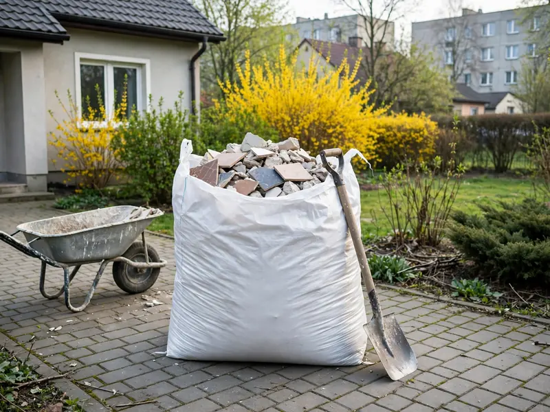 Biały worek big bag z gruzem i płytkami na podjeździe przed domem