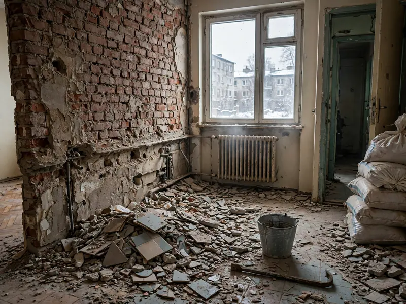 Kuchnia w bloku w trakcie remontu ze skutą ścianą, gruzem i workami