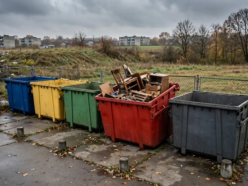 Stalowe kontenery na placu punktu zbiórki odpadów na terenie dawnego składowiska