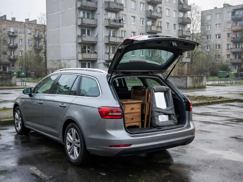 Bagażnik kombi z szafką nocną, krzesłami i lustrem owiniętym kocem