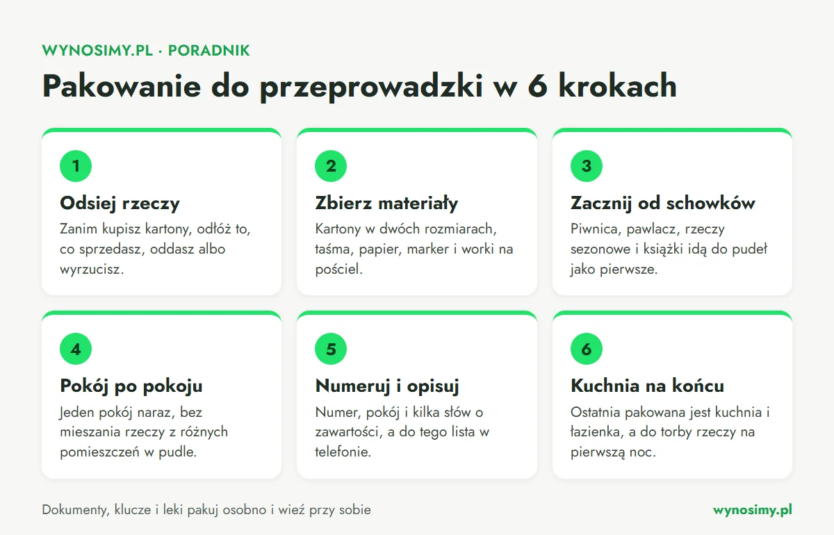 Infografika w sześciu krokach: odsiej rzeczy, zbierz materiały, zacznij od schowków, pakuj pokój po pokoju, numeruj i opisuj kartony, kuchnię i łazienkę spakuj na końcu.