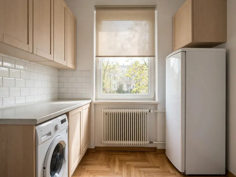 Czysta kuchnia z zabudową, pralką i lodówką przygotowana dla najemcy