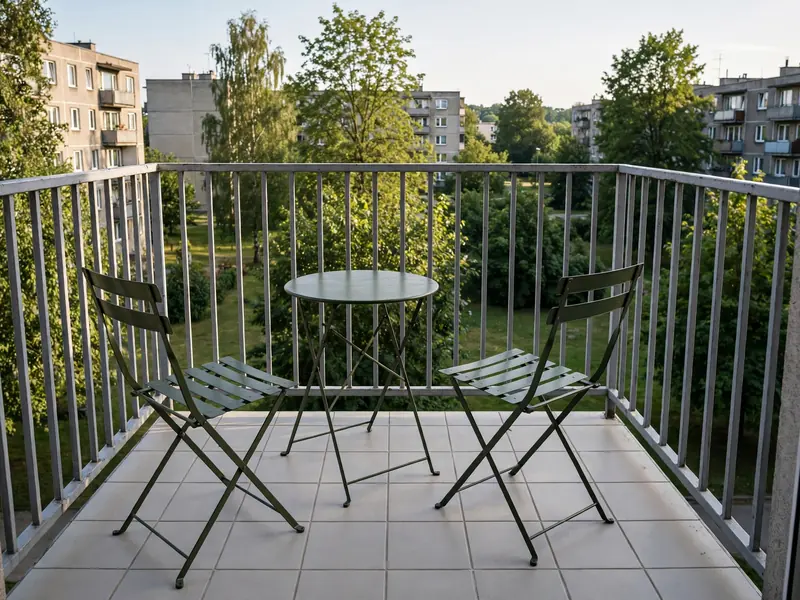 Uporządkowany balkon w bloku z dwoma krzesełkami i stolikiem dla najemcy