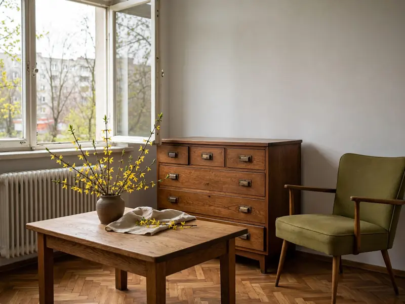 Dębowy stół, drewniana komoda i fotel z lat 60. przy jasnej ścianie
