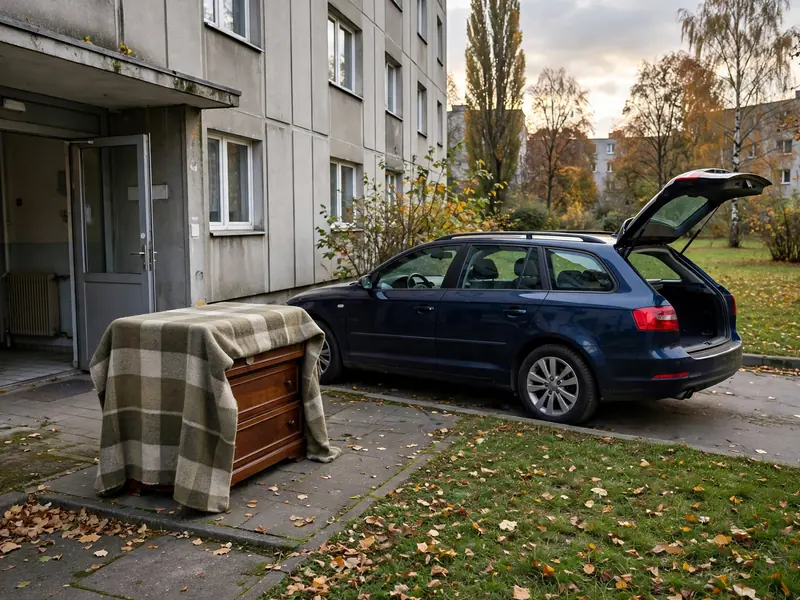 Komoda owinięta kocem przed klatką bloku czeka na odbiór przez kupującego