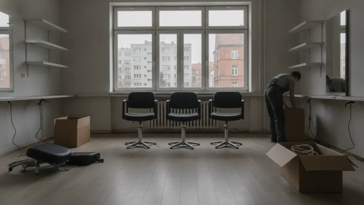 Opróżniany lokal po salonie fryzjerskim z rozkręconymi stanowiskami
