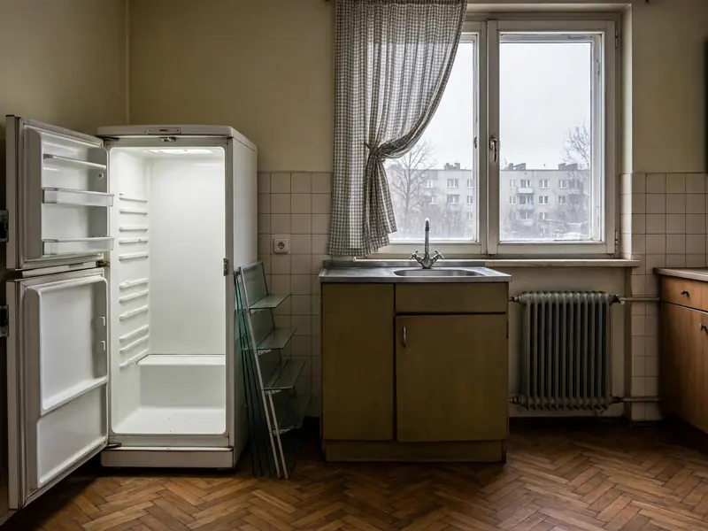 Pusta, umyta lodówka z uchylonymi drzwiami w kuchni starszego mieszkania