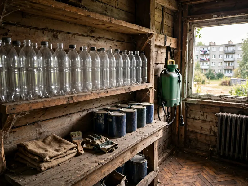 Półka w szopie z butelkami po chemii ogrodowej, puszkami lakieru i opryskiwaczem
