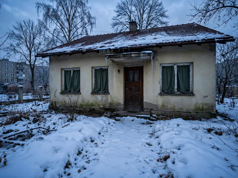 Pusty dom jednorodzinny zimą ze śniegiem na ścieżce i zaciągniętymi zasłonami