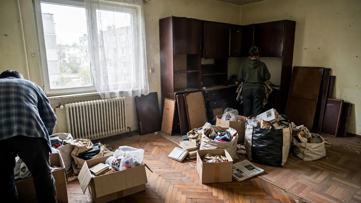 Pokój w bloku w trakcie opróżniania, rozkręcona meblościanka i kartony na podłodze