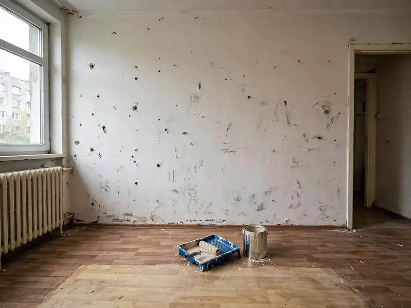 Pusta ściana z dziurami po kołkach i wałek malarski przed kolejnym najmem
