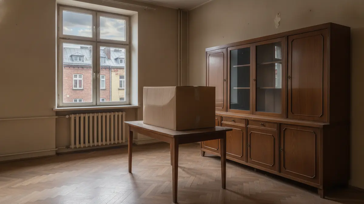 Prawie pusty pokój z kredensem i zapakowanym pudłem na stole