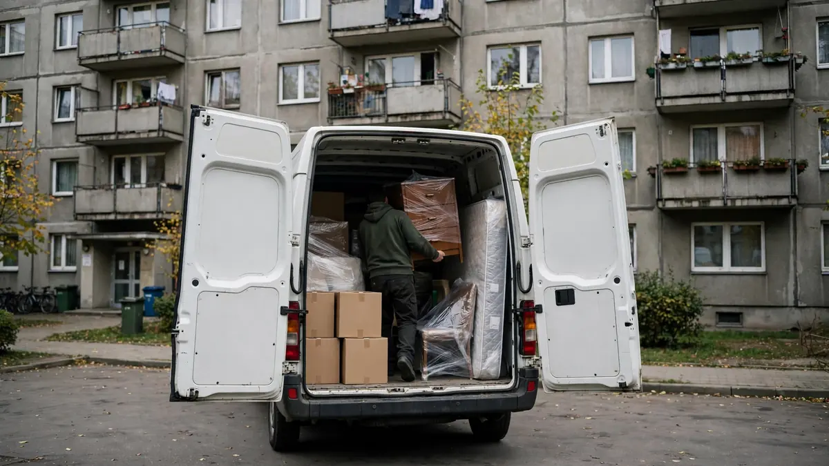 Meble owinięte folią w aucie dostawczym podczas przeprowadzki