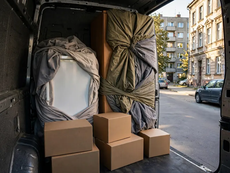 Wnętrze busa z lodówką i bokami szafy owiniętymi kocami przy ścianie kabiny