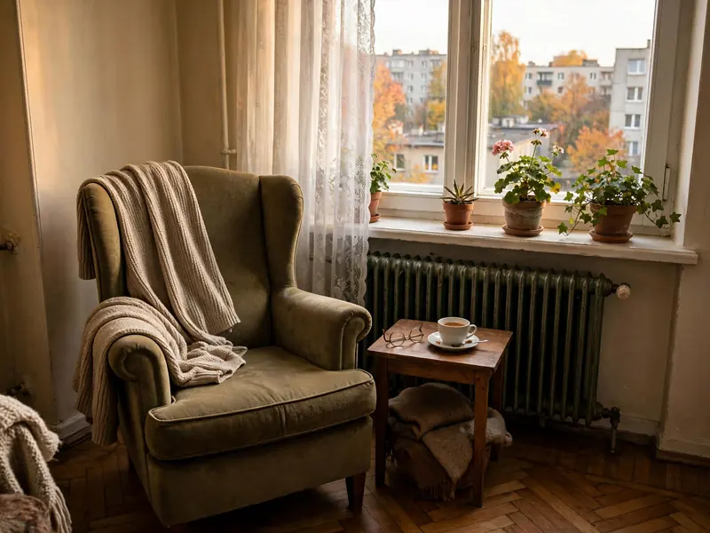 Fotel uszak przy oknie ze stolikiem, okularami i filiżanką w mieszkaniu seniora