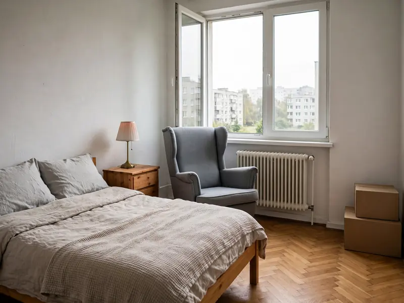 Zaścielone łóżko i fotel w nowym, mniejszym mieszkaniu seniora