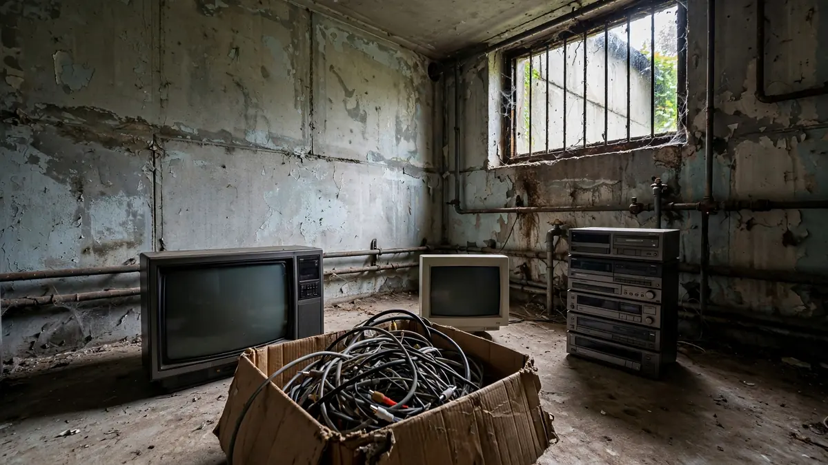 Stary telewizor kineskopowy, monitor i kable przygotowane do oddania jako elektroodpad