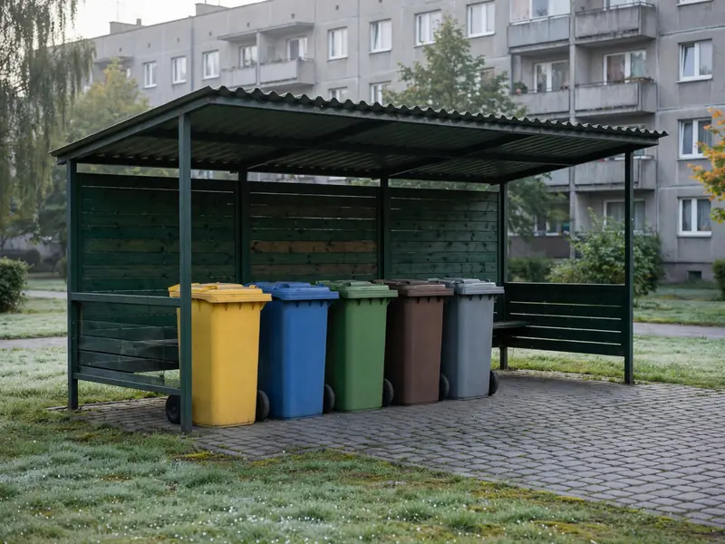Pięć kolorowych pojemników do segregacji odpadów w wiacie śmietnikowej przy bloku