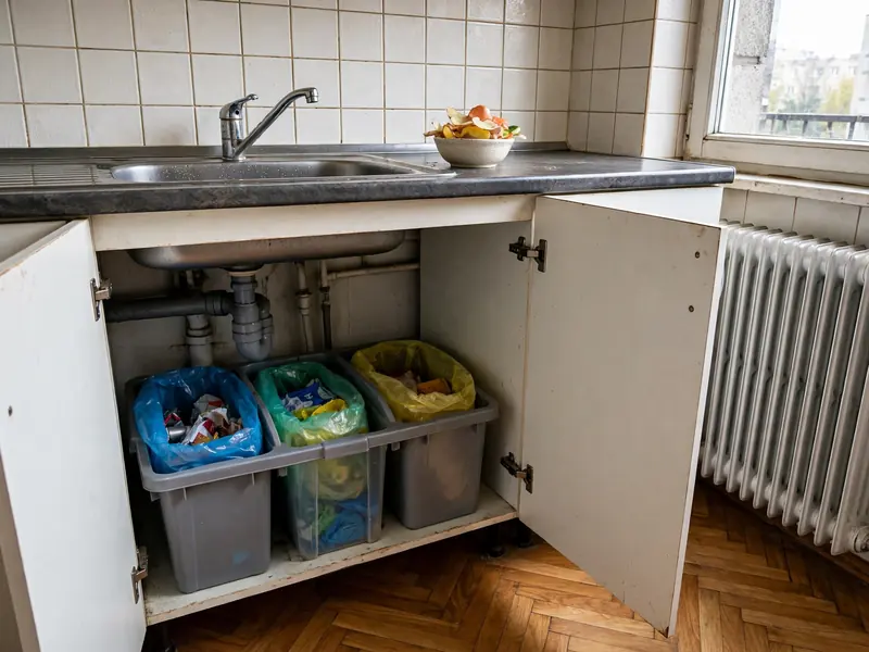 Kosz z przegródkami do segregacji pod zlewem i pojemnik na obierki w kuchni