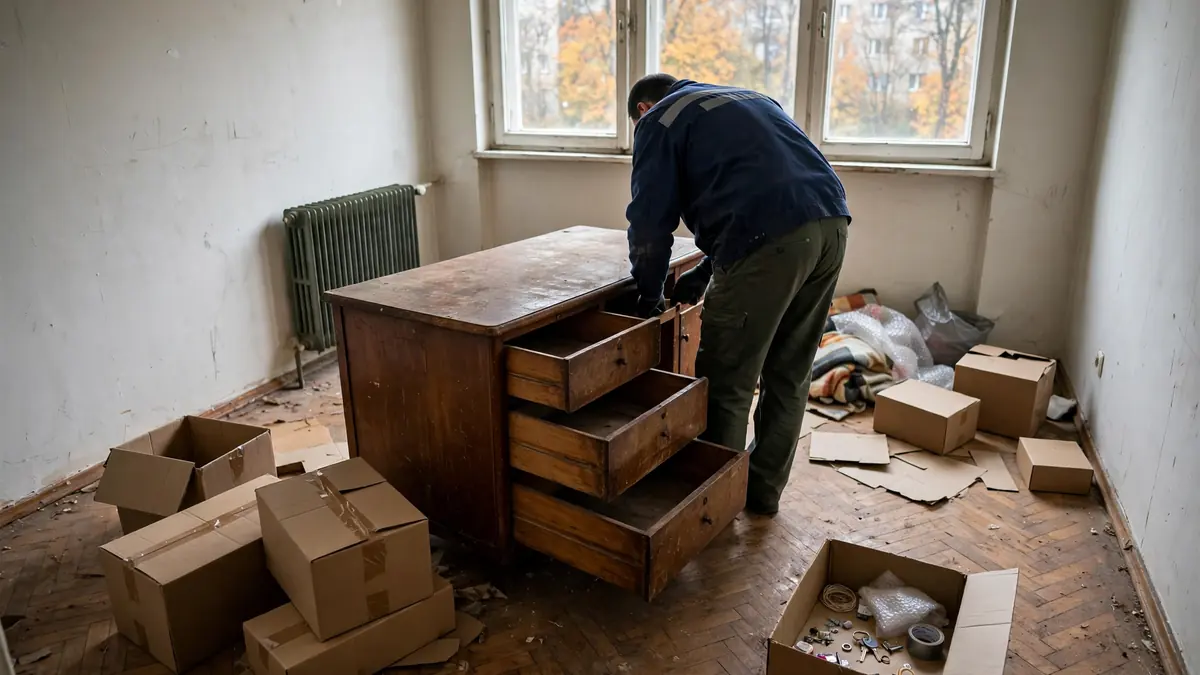 Pracownik sprawdza szuflady biurka przed wyniesieniem