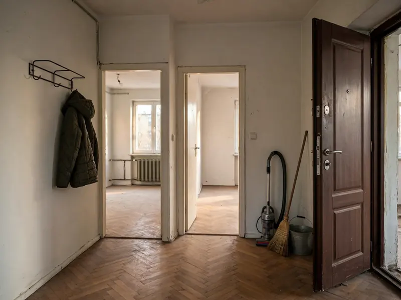 Przedpokój opróżnionego mieszkania z miotłą i odkurzaczem przy drzwiach
