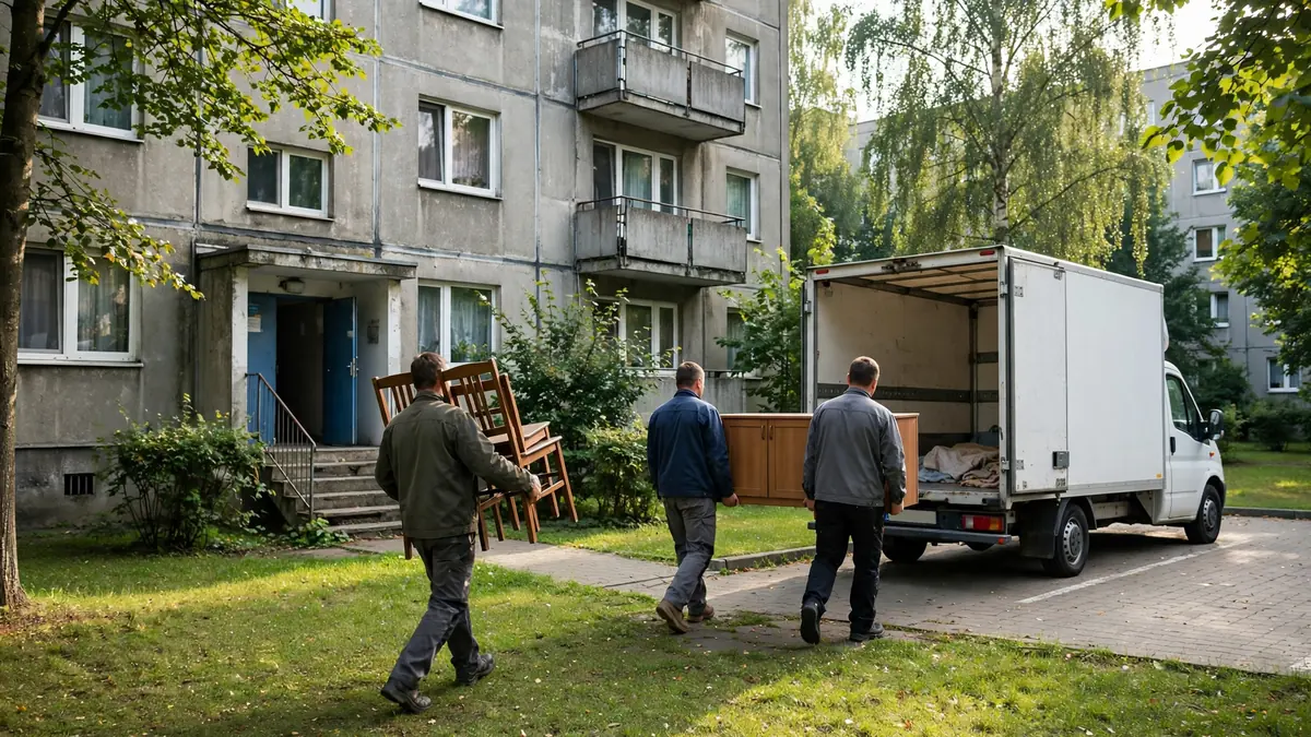 Trzech pracowników wynosi meble z bloku do auta