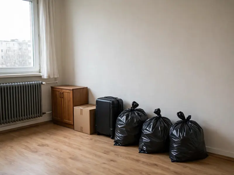 Rzeczy lokatora spakowane i ustawione pod ścianą w pustym pokoju
