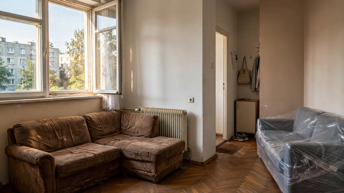 Stary narożnik w pokoju, nowa kanapa w folii czeka w przedpokoju