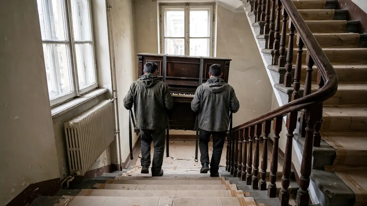 Dwóch pracowników znosi pianino na pasach po schodach kamienicy