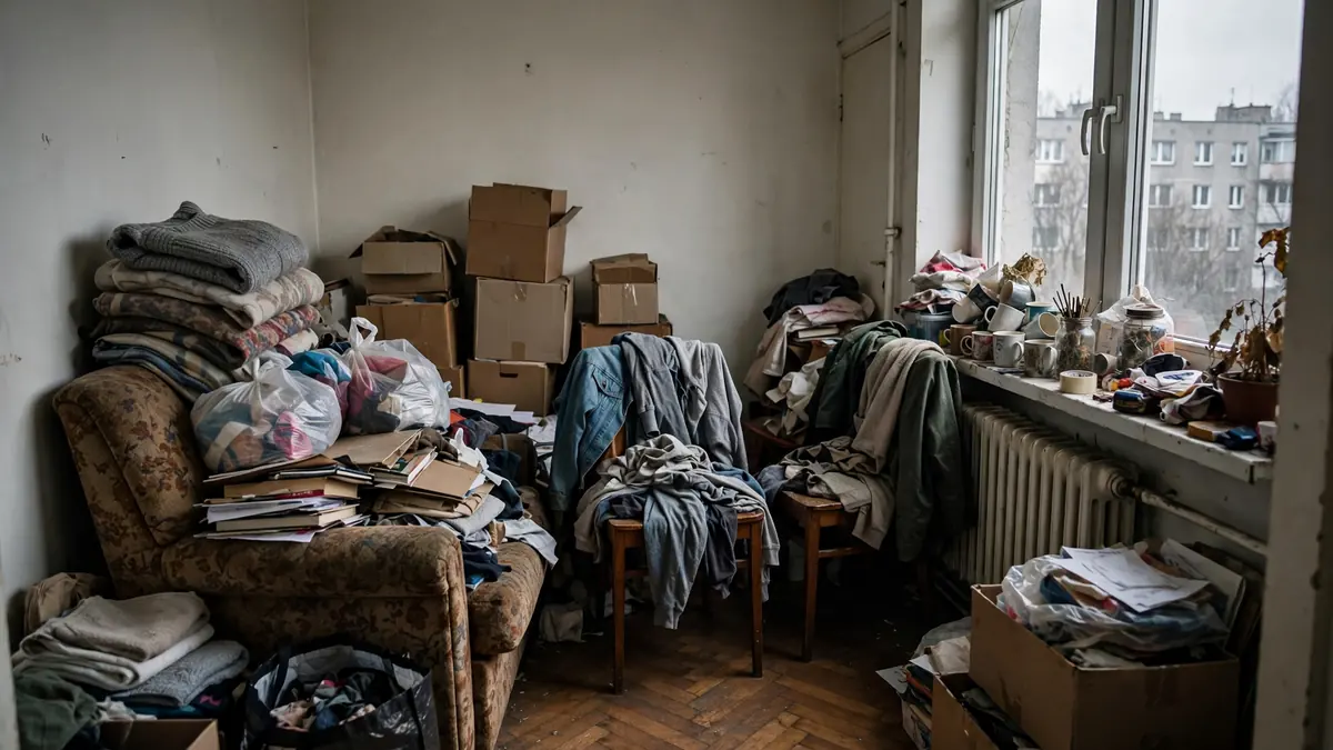 Zagracony salon w bloku z wąskim przejściem między rzeczami