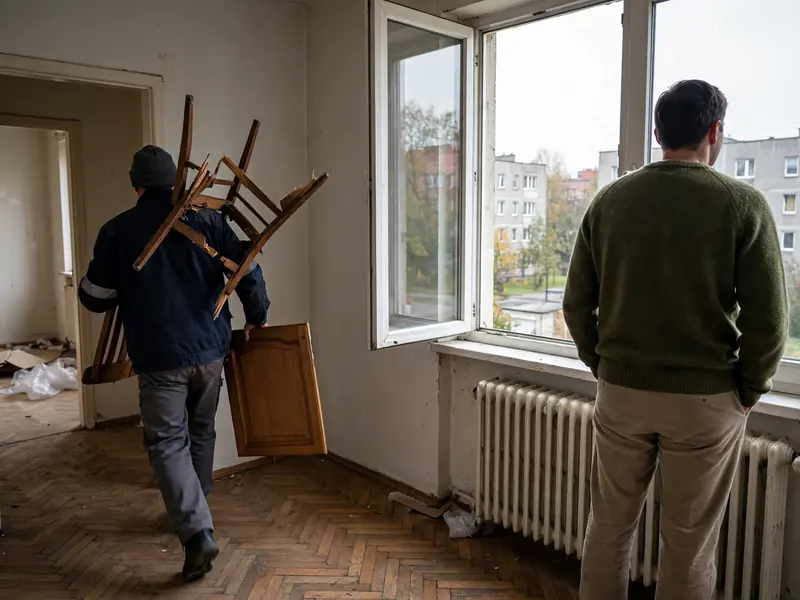 Pracownik wynosi połamane krzesło i drzwiczki szafy