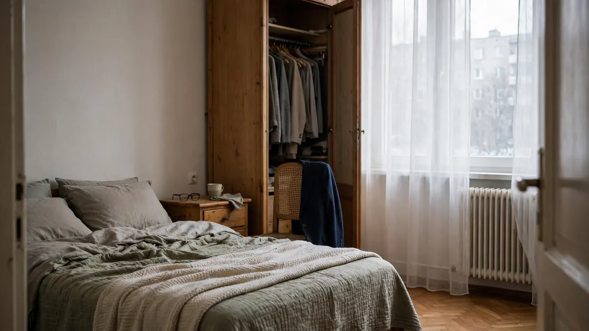Spokojna sypialnia z zasłanym łóżkiem i marynarką na krześle