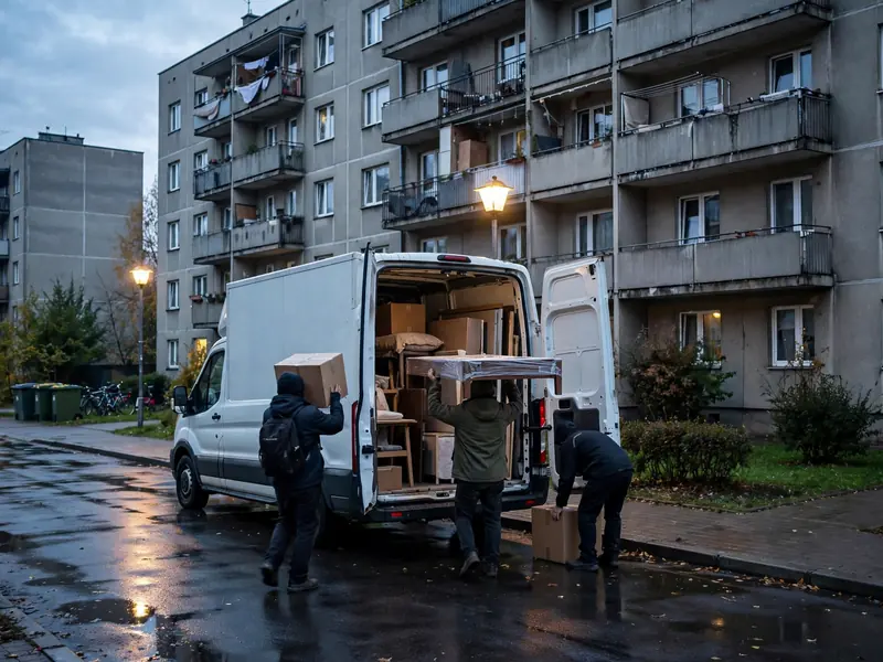 Załadunek mebli do auta przed blokiem o świcie
