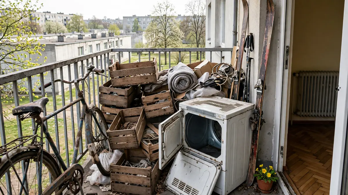 Balkon zastawiony rzeczami do wyniesienia przed przeprowadzką