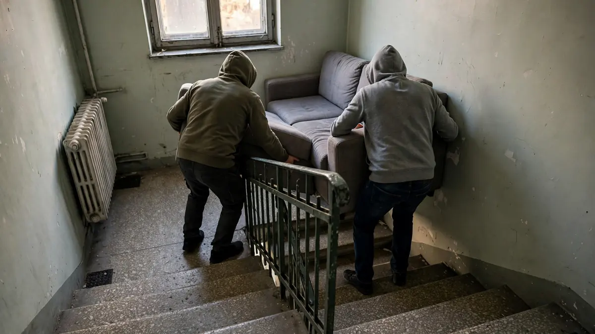 Dwie osoby utknęły z kanapą na zakręcie schodów w bloku