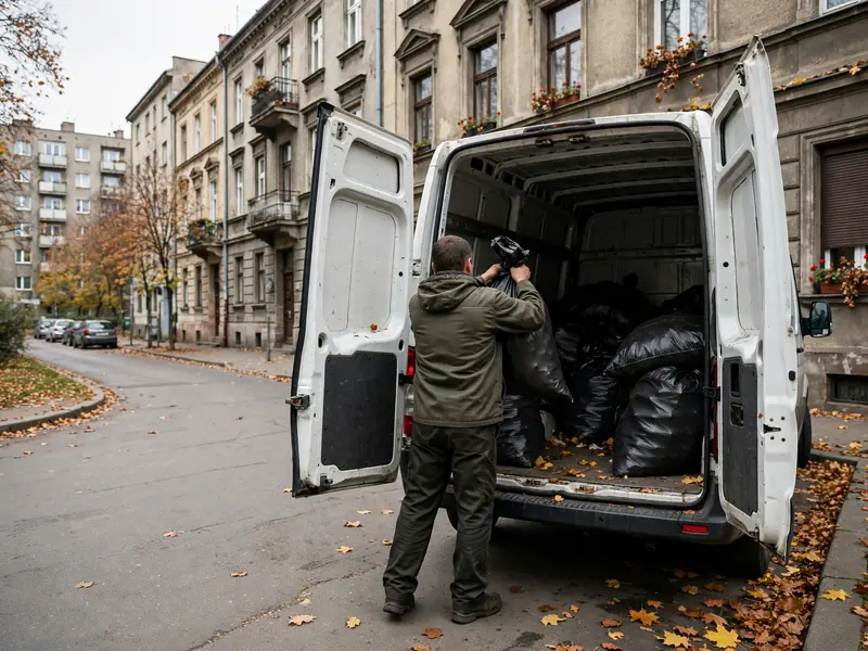 Pracownik ładuje worki do auta na ulicy z kamienicami