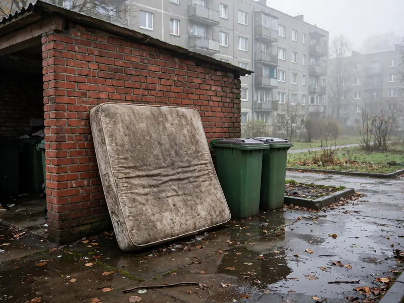 Stary materac oparty o ścianę altany śmietnikowej przy bloku we mgle