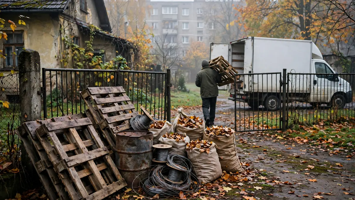 Porządki na posesji, pracownik niesie palety do auta
