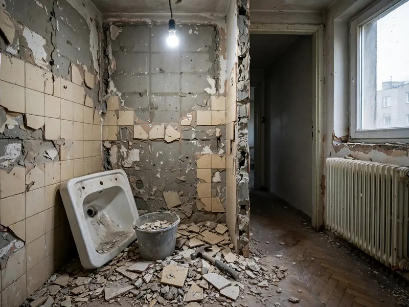 Mała łazienka w bloku po skuciu płytek, gruz na posadzce i wymontowana umywalka