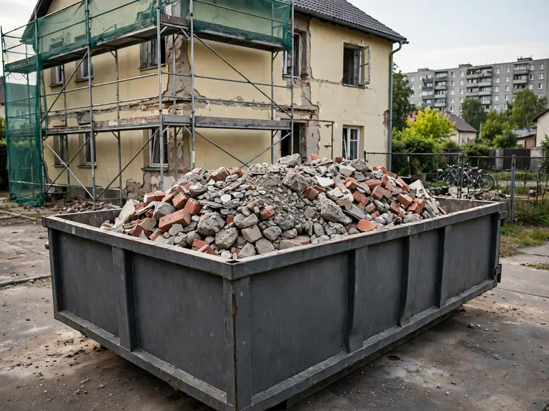 Stalowy kontener z gruzem na podjeździe przed remontowanym domem