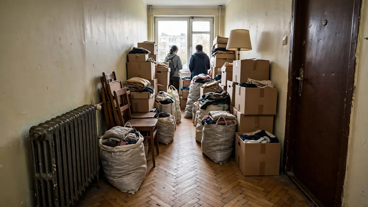 Kartony, worki i krzesła w korytarzu przygotowane do wyniesienia