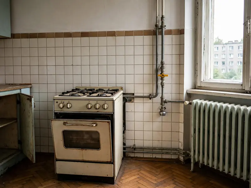 Stara kuchenka gazowa odsunięta od ściany, widoczna zaślepiona rura gazowa